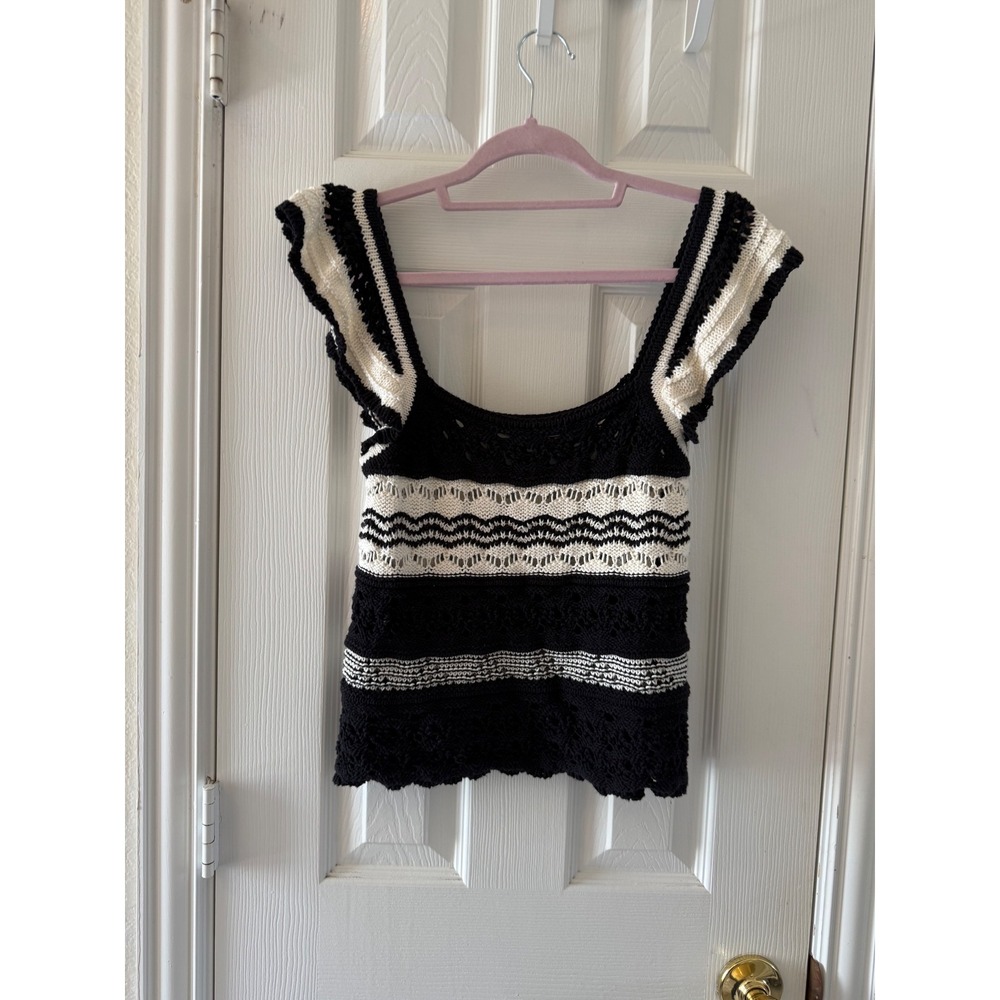 LOFT Crochet Knit‎ Tank Top M Black Ivory Striped Cotton Boho Summer Top